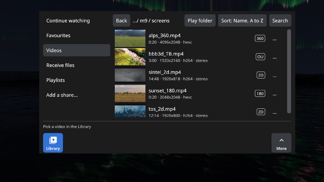 The Library: places on the left, rows with thumbnails and mode badges, and the bar underneath.