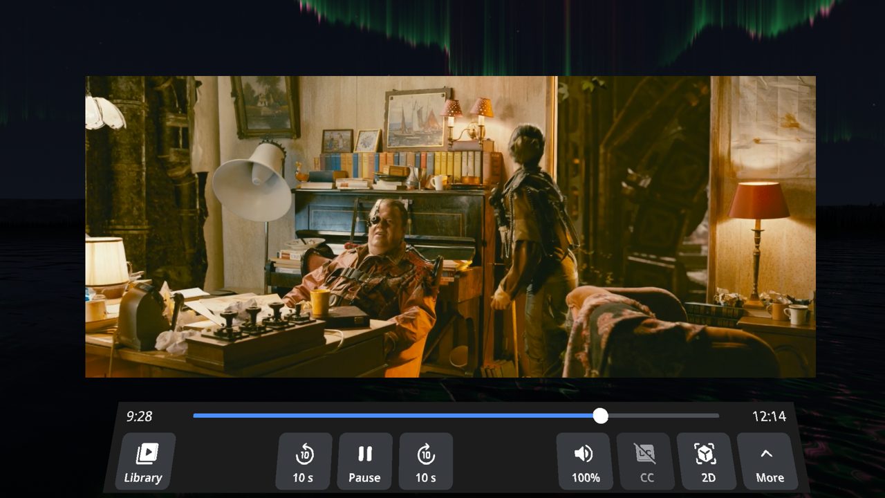 The bar under the screen: Library, back 10 s, Pause, ahead 10 s, Volume, CC, Mode and More.